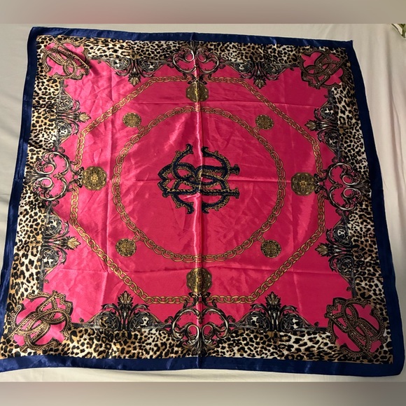 Mosi Vibrant Scarf Hot Pink Baroque Animal Print Navy Trim 34” Square Vintage - Picture 2 of 4